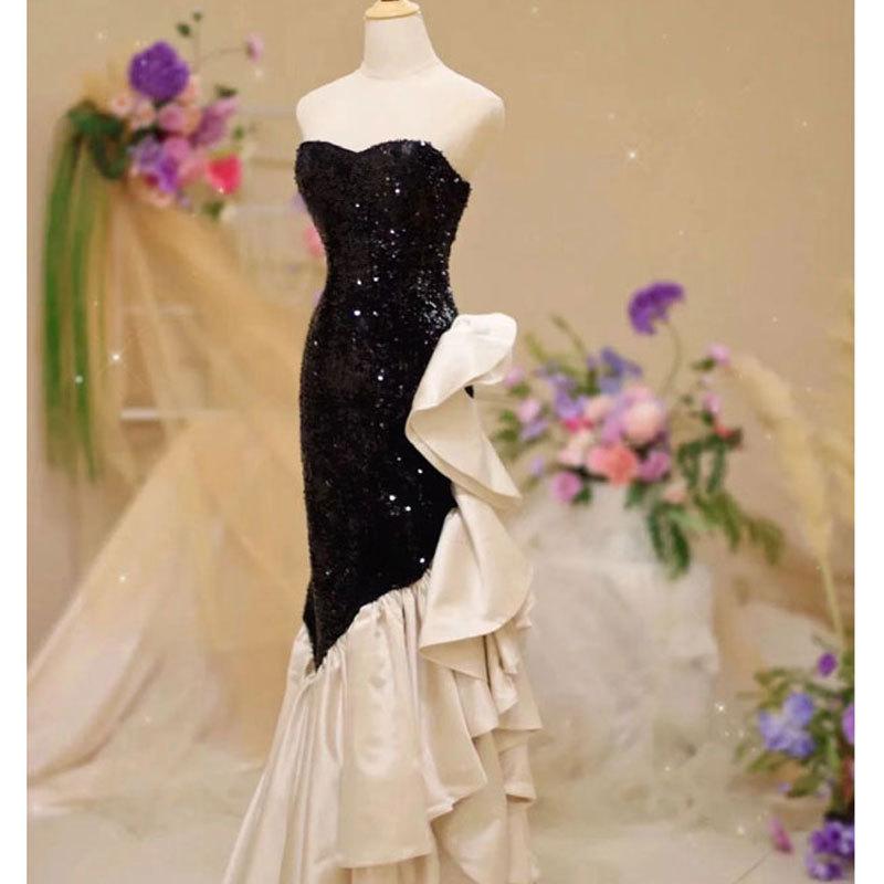 Tube Top Evening Dress Dress High-end Light Luxury Niche High-end Sense Black Sequin Fishtail Design Sense Annual Meeting Dress Women