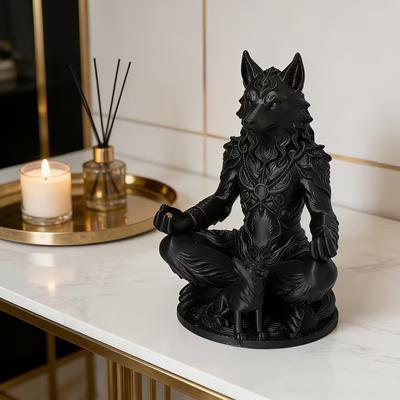 3D Printed Gothic Werewolf Meditation Statue, Zen Beast Warrior Sculpture with Round Base, Matte Black Fantasy Desk Decor, Unique Gift for Wolf