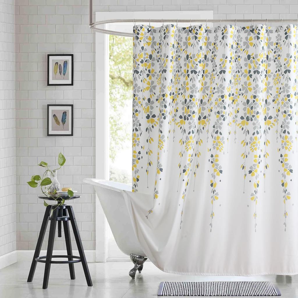 Floral Pattern Fabric Shower Curtain, Beige Gray Plant Bathroom Shower Curtain, Waterproof Bathroom Shower Curtain Curtain