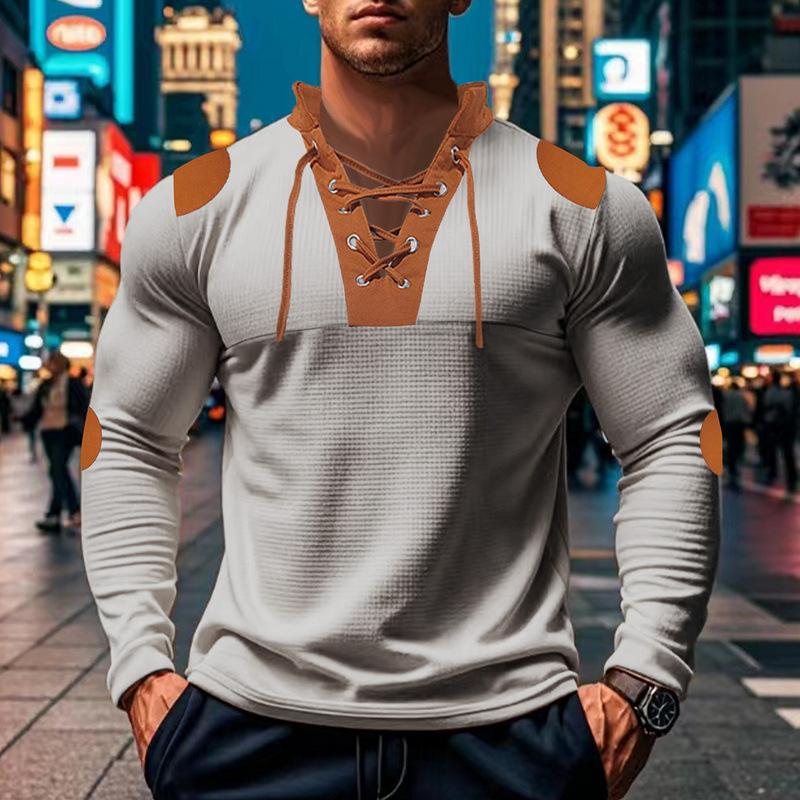 Herbst Neue Herren Patchwork Farbe Strap V-Ausschnitt Top Casual Langarm Base T Shirts Männer Sport T Shirt