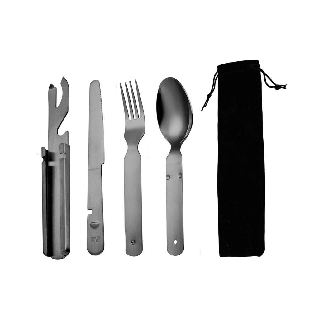Stainless Steel Outdoor Cutlery Set Portable Folding Knife Fork Spoon Multi-Function Camping Travel Utensil Kit with Carrying Pouch