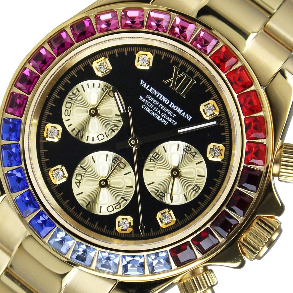 VALENTINO DOMANI Watch Chronograph Zirconia Gold GOLD Gold Black Face Bezel Zirconia VD006MUB Men's