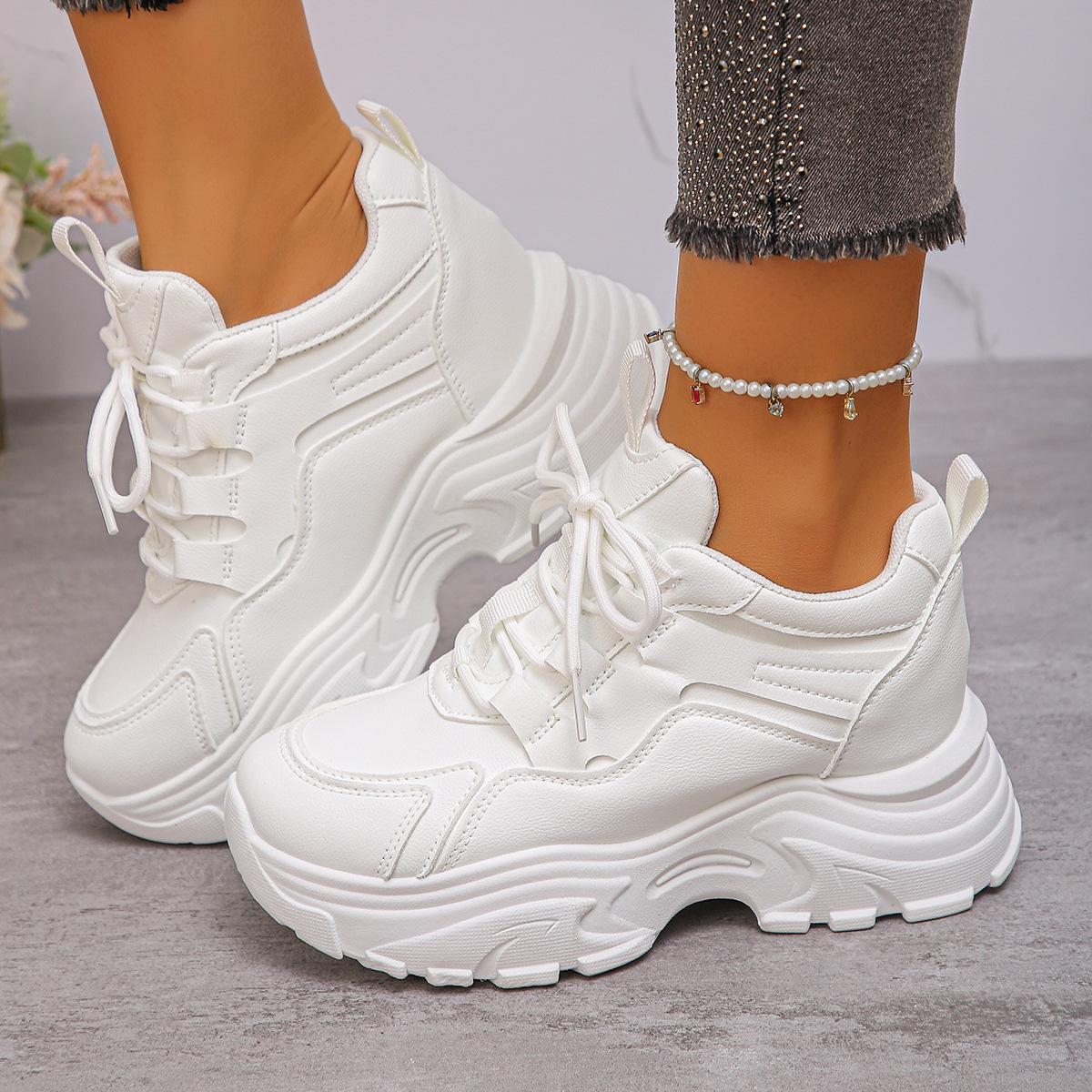 Damen Chunky Sneaker Weiß Schwarz Leder Plateau Sneaker für Damen Höhenvergrößernde Schuhe Dicke Sohle Freizeitschuhe Frau 41 weiß