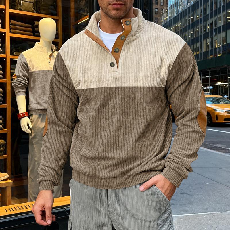 Outdoor Men's Casual Loose Ami Khaki Corduroy Henry Contrast Color Commuting Sweatshirt