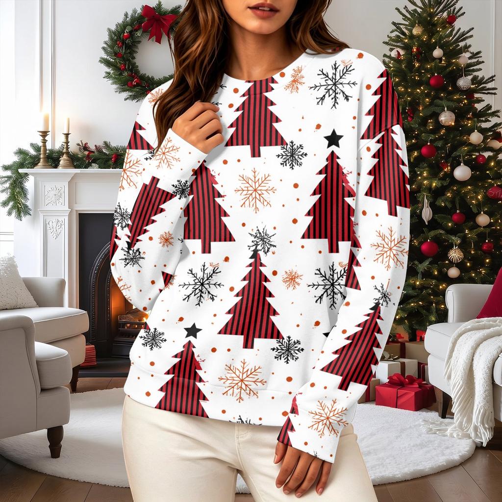 Women's Casual Long Sleeve Christmas Print Neck Pullover Sweatshirt