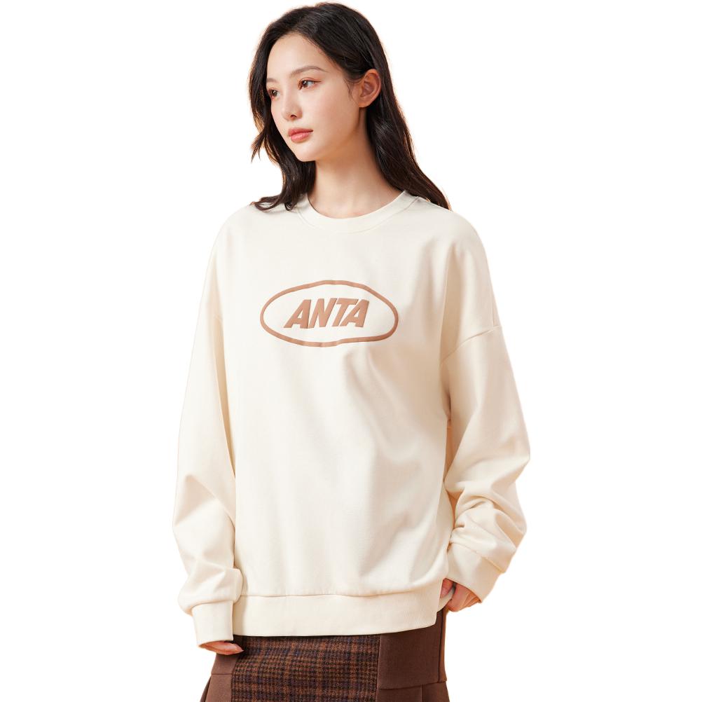 Anta Lifestyle Series Letter Round Neck Pullover Fleece Sweatshirt Unisex Sweatshirt Beige 972338702-1