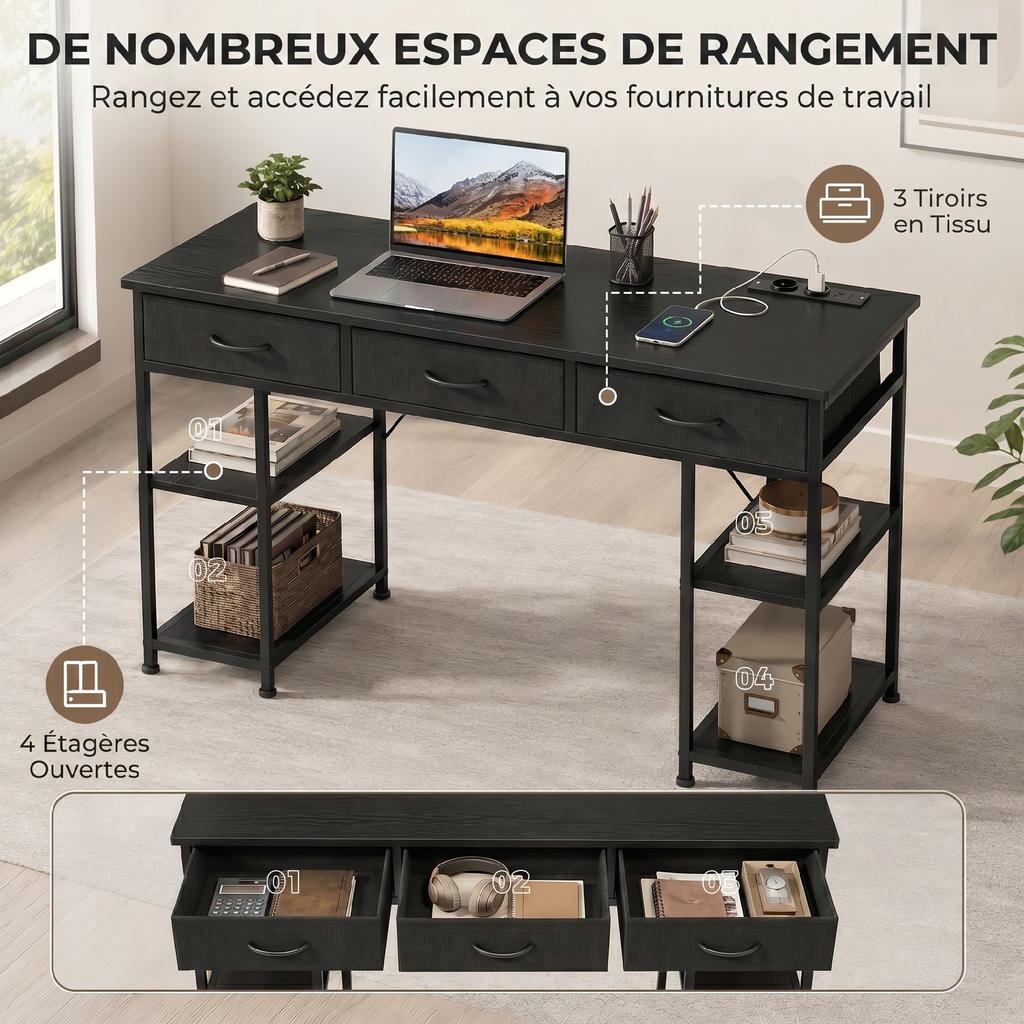 Desk with Storage and Power Outlets, 3 Fabric Drawers, 4 Shelves, 120 x 40 x 76 cm, Black