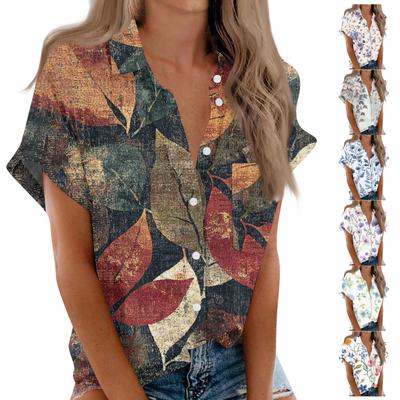 Camisa feminina de manga curta, blusa com botão estampado na moda diária, cardigã com bolso no peito