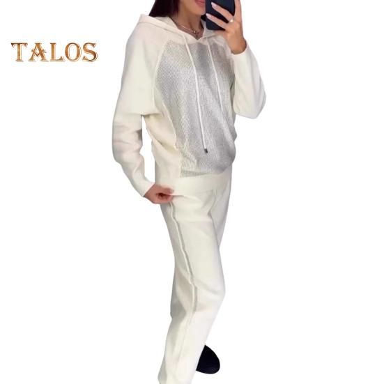 2 szt./zestaw damski bluza z kapturem spodnie garnitur kryształki dekoracyjne długie rękawy patchwork sportowa bluza spodnie z elastycznym pasem fitness strój jesień wiosna dres