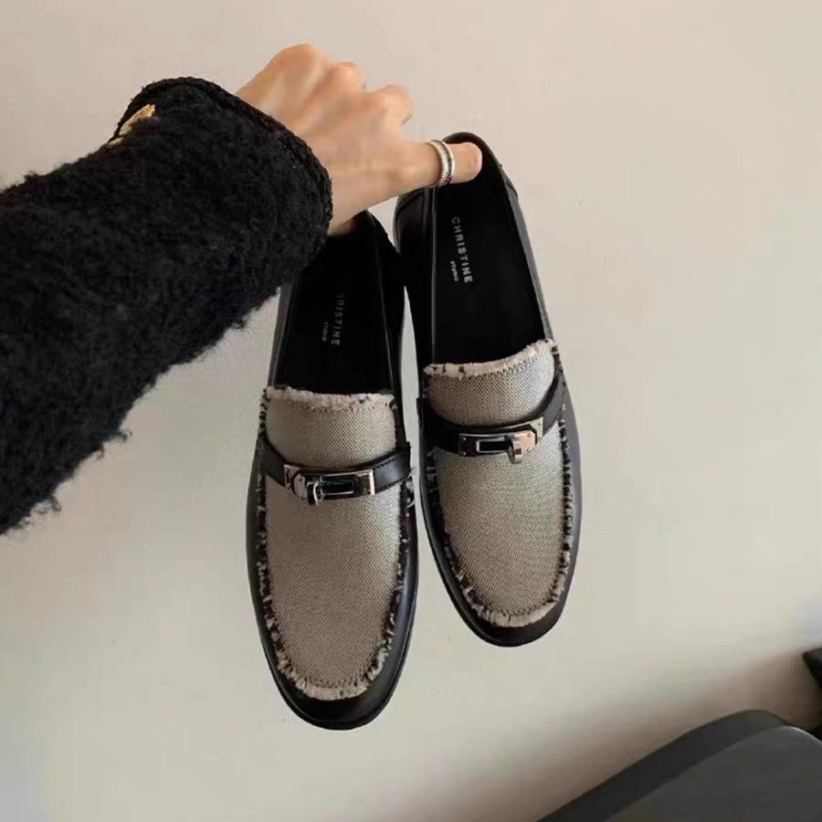 Metal lock leather beard edge color matching lazy loafers women's small leather shoes