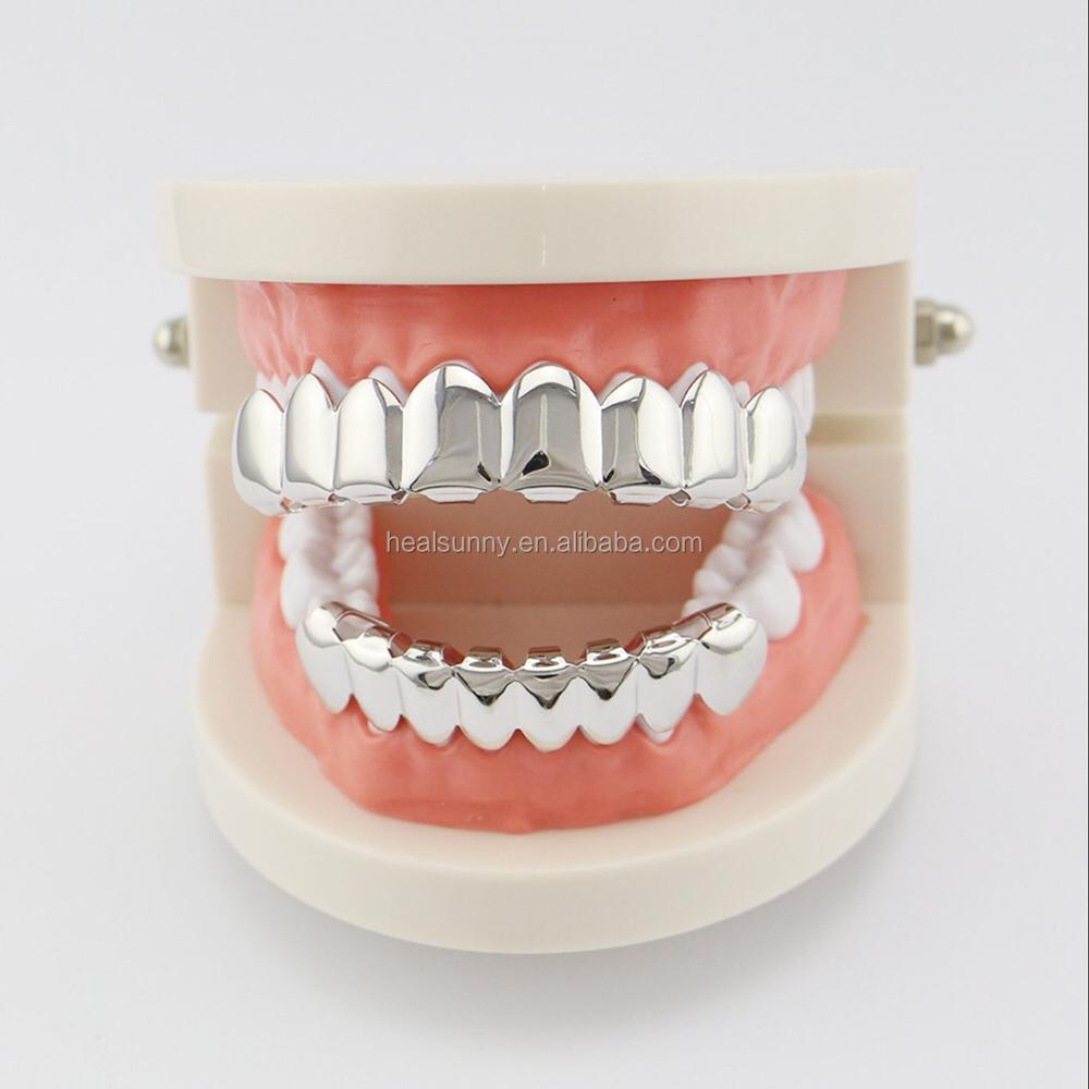 Custom Eco-friendly Gold Color Iced Rhinestones Teeth Grillz Top&Bottom Vampire Teeth Caps Hip Hop Blingbling Copper Body