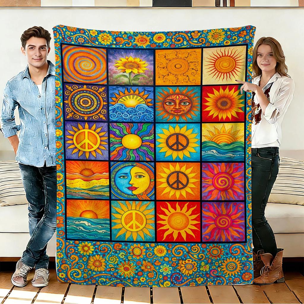 Sunflower and Peace Symbol Flannel Blanket Soft Cozy Throws Napping Travel Use