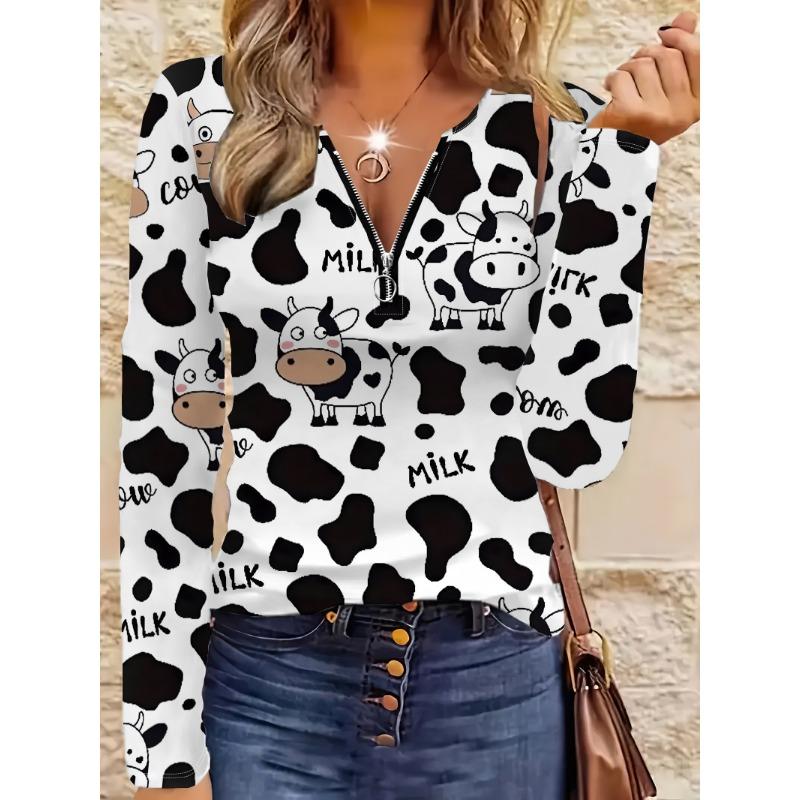 Full-body Cow Pattern Zipper T-shirt, Casual Long-sleeved Top, Suitable for Spring and Autumn, Suitable for Home and Outdoor Wear