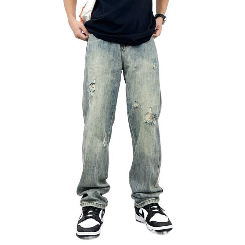 Old Washed Jeans Men's Loose Straight Wide-leg Light-colored Floor Pants Men's Spring and Autumn New Casual Long Pants