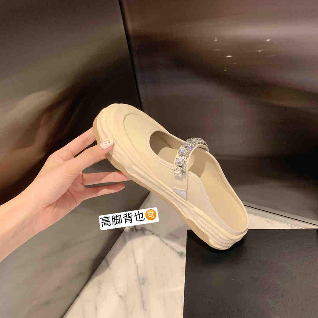 

Sheepskin version~ outer wear rhinestone platform canvas slippers women s summer canvas shoes bag head muffin genuine leather half slippers half tray 35