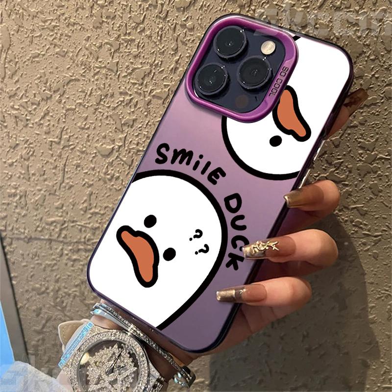 Graffiti Small Yellow Duck Electroplate Silver IMD Phone Case For iPhone 16 15 Pro Max 14 13 12 11 16E 7 8 Plus X XS XR Cover