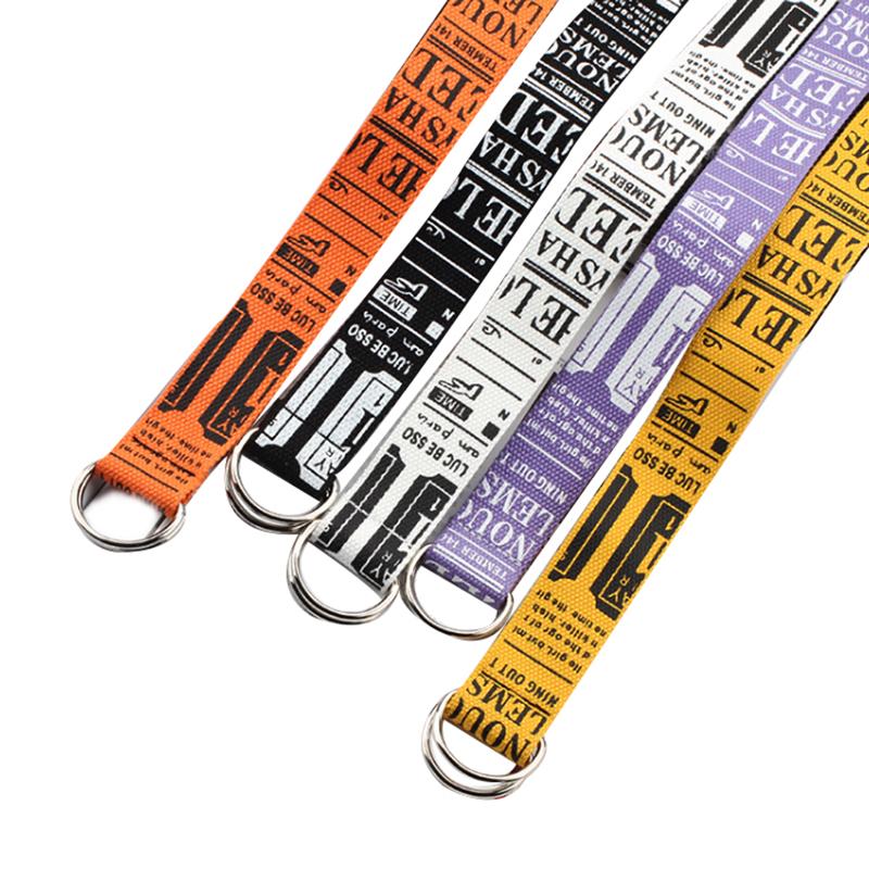 Ladies Belt Punk Street Letter Print Double D Ring Canvas Long Belt EMA