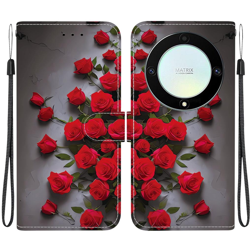 Handmade PU Leather Flip Case for Honor X9a Anti-Slip Shockproof Cover with Wrist Strap & Heart/Rose Cat Designs