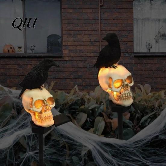 Weatherproof Solar Lights for Outside LED Crow Skull Light, Waterproof Halloween Pathway Gothic Powered Lighting on Skeleton Head Stake Lamp