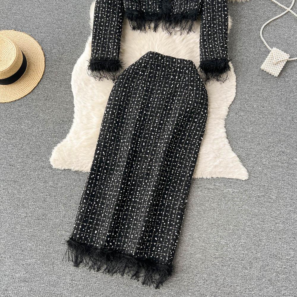 Autumn And Winter Small Fragrant Wind Fringe Fashion Short Jacket + Long Paragraph Hip Half-Body Skirt Two-Piece Set