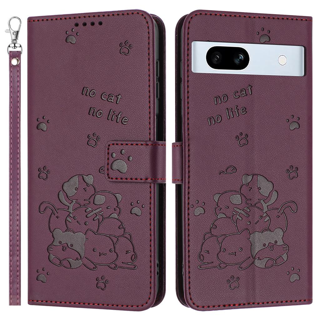 For Google Pixel 7a Case with Strap Cats Imprint Leather Wallet Phone Cover