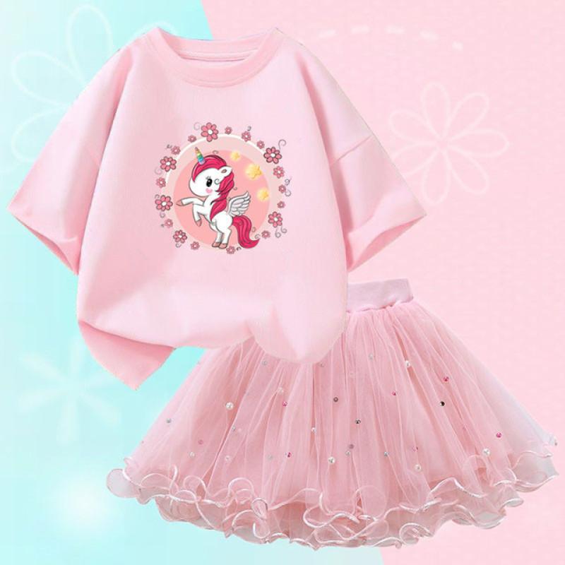 

Комплект футболок принцессы на день рождения с единорогом, пышная юбка-пачка для девочек + футболка, одежда для детей от 3 до 14 лет 7-8T(140cm)