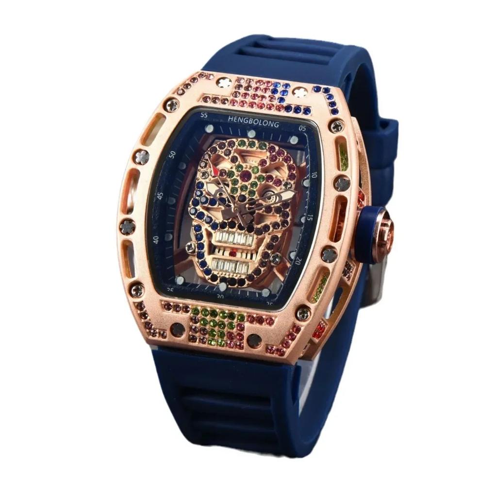 New Colored Diamond Skull Quartz Watch Spot Wholesale Fashion Business Diamond-encrusted Silicone Watch Men