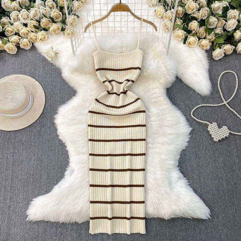European and American Sexy Backless Sling Dress Women Summer New Elastic Striped Knitted Tight Slimming Sheath Long dress