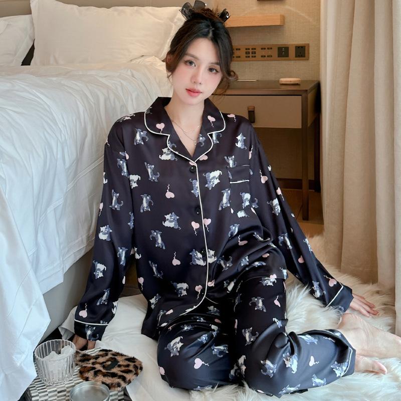 Cute Cat Spring And Summer Ice Silk Long-Sleeved Trousers Cardigan Loungewear Set