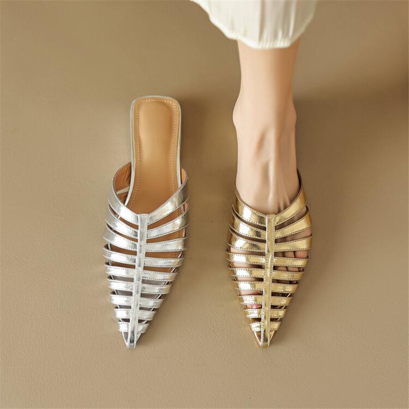 Fashion NEW Summer Sheepskin Women Slippers Casual Shoes for Women Pointed Toe Low Heel Slippers Hollow Out Women Sandals Size 34-43