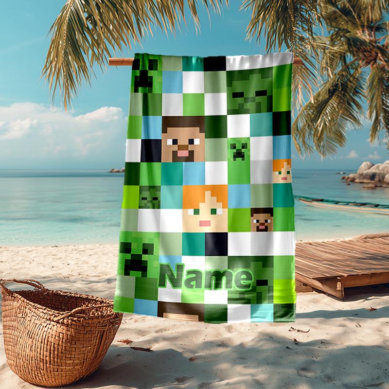 Custom Name Ultra-Soft Beach Towel with Minecraft Theme,Ideal for Pool - Camping, Diving - Perfect Travel Essential, Vibrant Beach Towel.