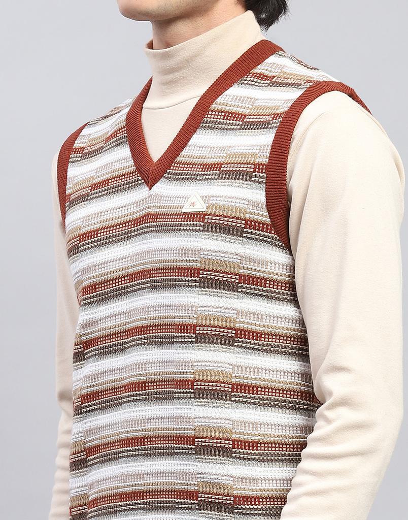 Monte Carlo Mens Brown Self Design V Neck Sleeveless Sweater