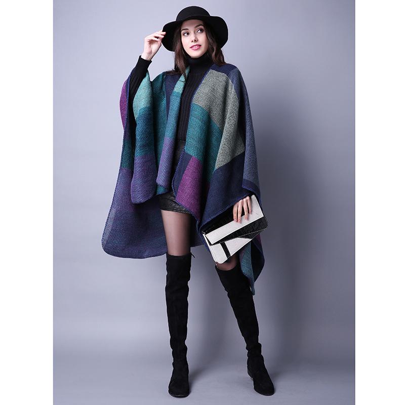 Versatile Plaid Women's Faux Cashmere Shawl: Ethnic Style Slit Cape for Autumn/Winter