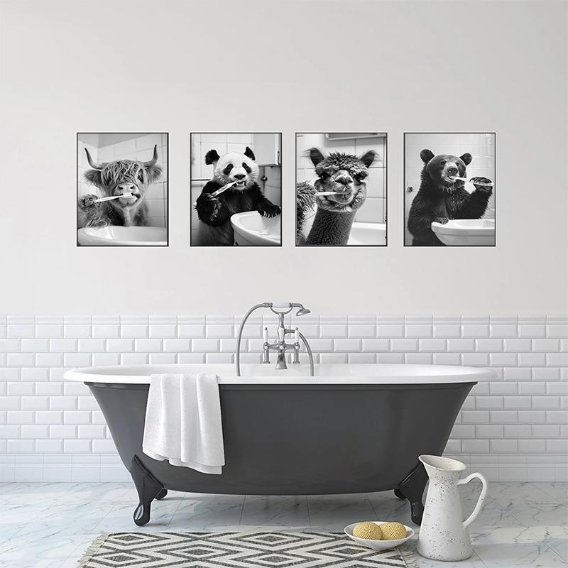 Black And White Cartoon Abstract Cute Animals Duck Hippo Panda Alpaca Brush Teeth Posters Canvas Prints Art Home Room Wall Decor