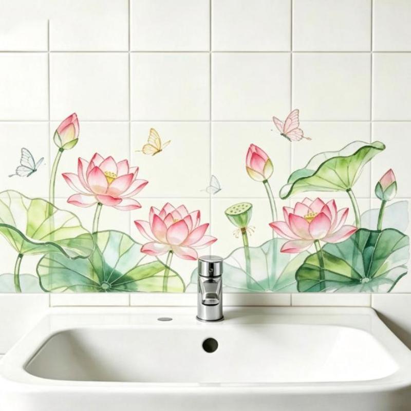 Fresh Lotus Flower Wall Decal No Residue Waterproof Peel & Stick Decor for Bathroom Sink Background Wall