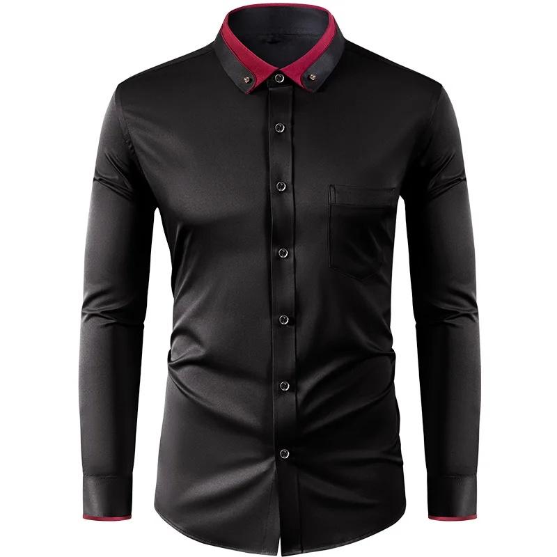 Elastic Shirt Men's Long Sleeved Diamond Buckle Contrasting Collar Design Solid Color Slim Fit Men's Shirt Men's Clothing