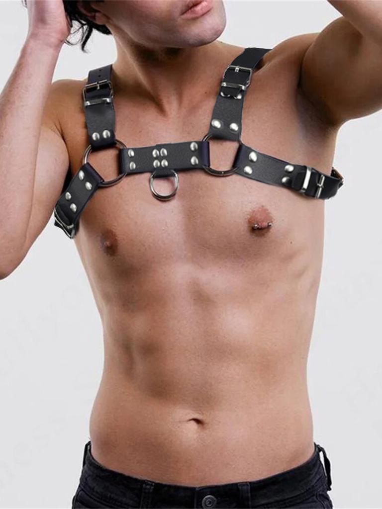 Herren Leder Brustgeschirr mit Kette - Verstellbarer Gothic Punk Style Körpergürtel für Kostüme, Partys und Clubs