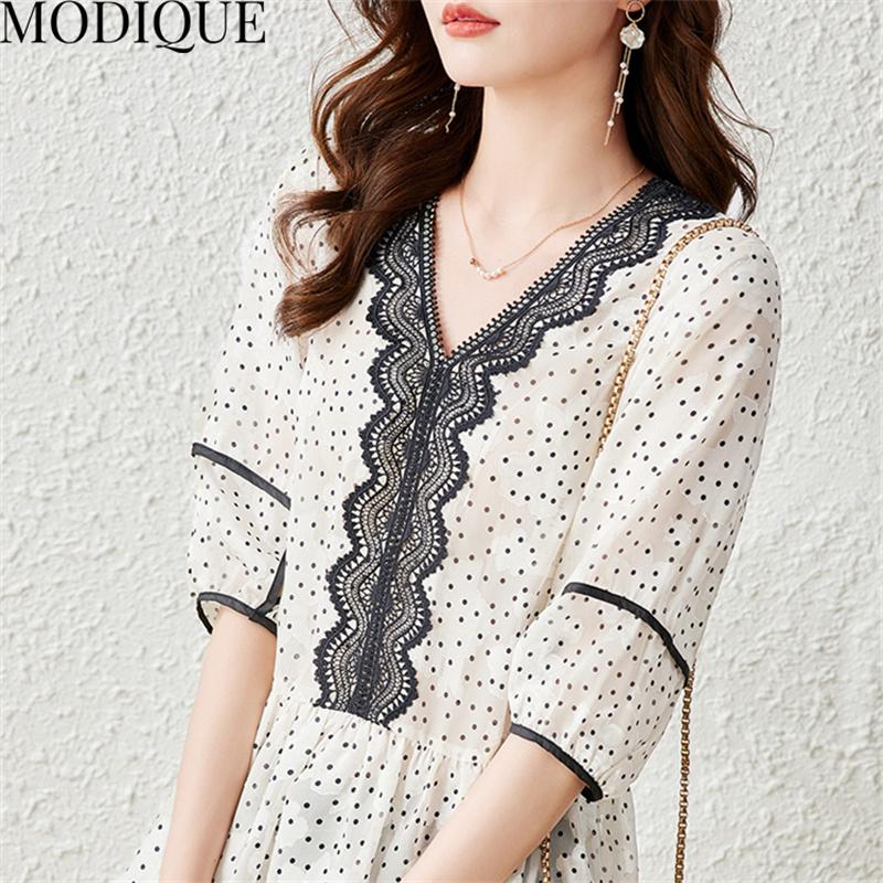 MODIQUE Summer Plus Size Summer Women T-Shirt Casual Loose V-Neck Lace Cotton Linen Tees Short Sleeve Elegant Lady Big Size