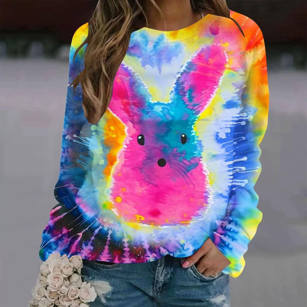 Round Neck 3D Tie Dye Rabbit Printed Top Fashionable Casual Long Sleeved Women's T-shirts