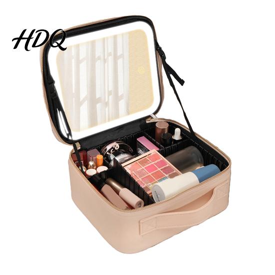 Makeup Bag with LED Mirror USB Charging Case Rechargeable Adjustable Dividers Travel Cosmetic Light-up 3 Color Lights