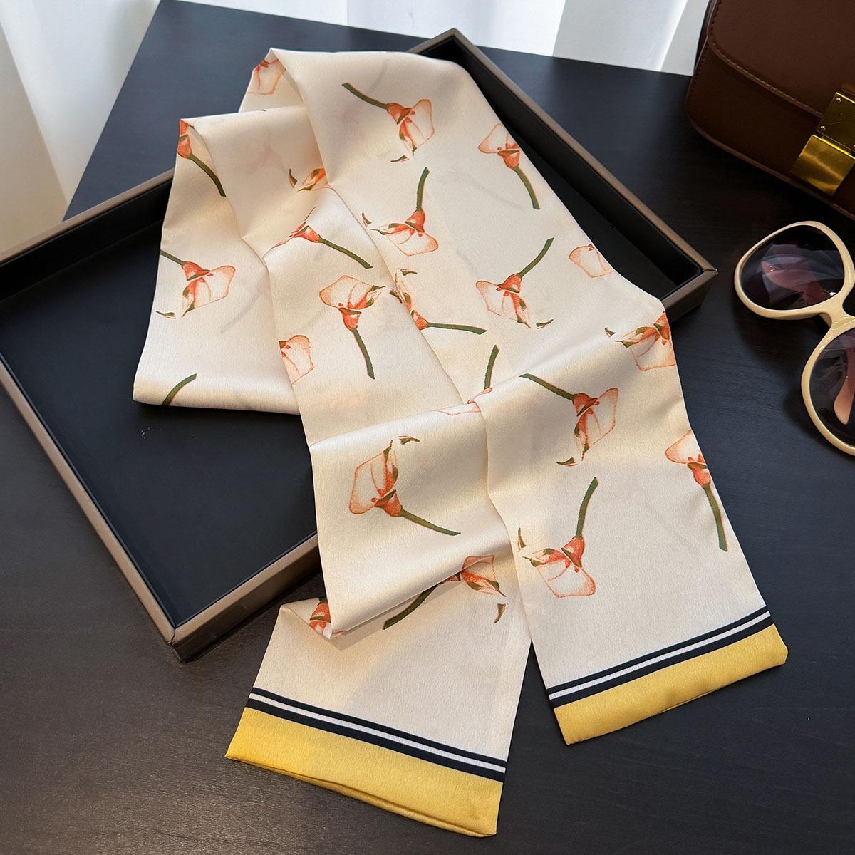 12*145cm Floral Print Long Ribbon Silk Scarf Women Neck Scarves Headband Female Skinny Neckerchief Bag Ribbon Hair Band Neck Tie 12x145cm