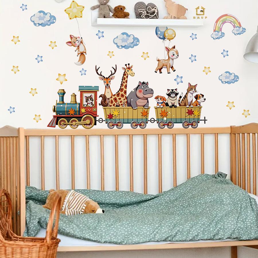 30*90cm Cartoon Animal Train Wall Sticker Removable PVC Wall Decoration for Nursery Room Kids Bedroom Home Decor