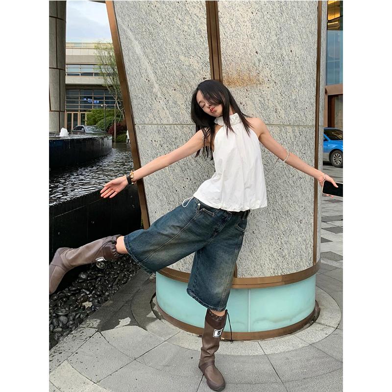 

Летние винтажные женские джинсы в повседневном стиле, винтажные эстетические свободные потертые шорты Y2K, мешковатые широкие джинсовые шорты в стиле панк