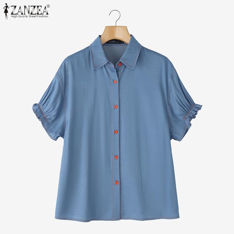 ZANZEA Womens Summer Puff Short Sleeve Casual Button Blouse