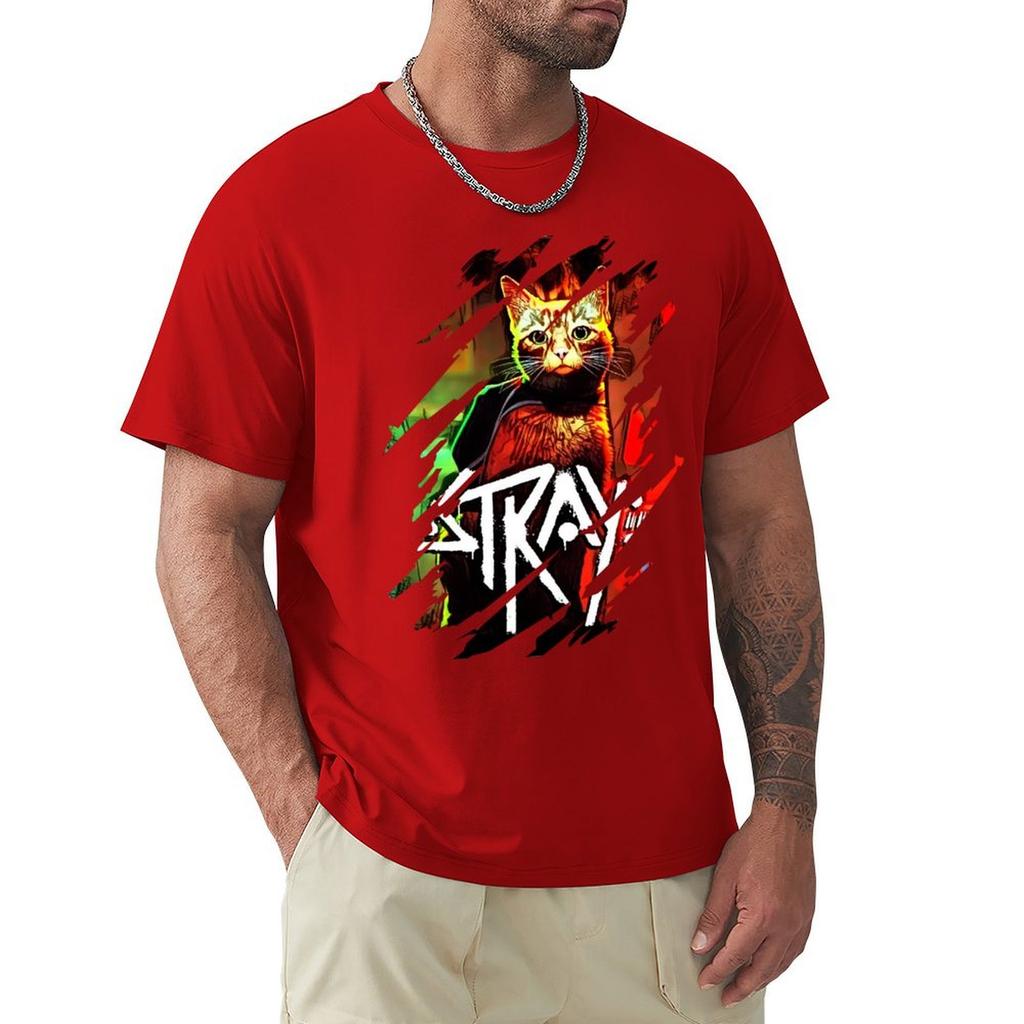 Stray Game, Cooles Design T-Shirt Schwergewichts-Shirts Grafik-Tees Jungen Tierdruck Einfache weiße T-Shirts Herren