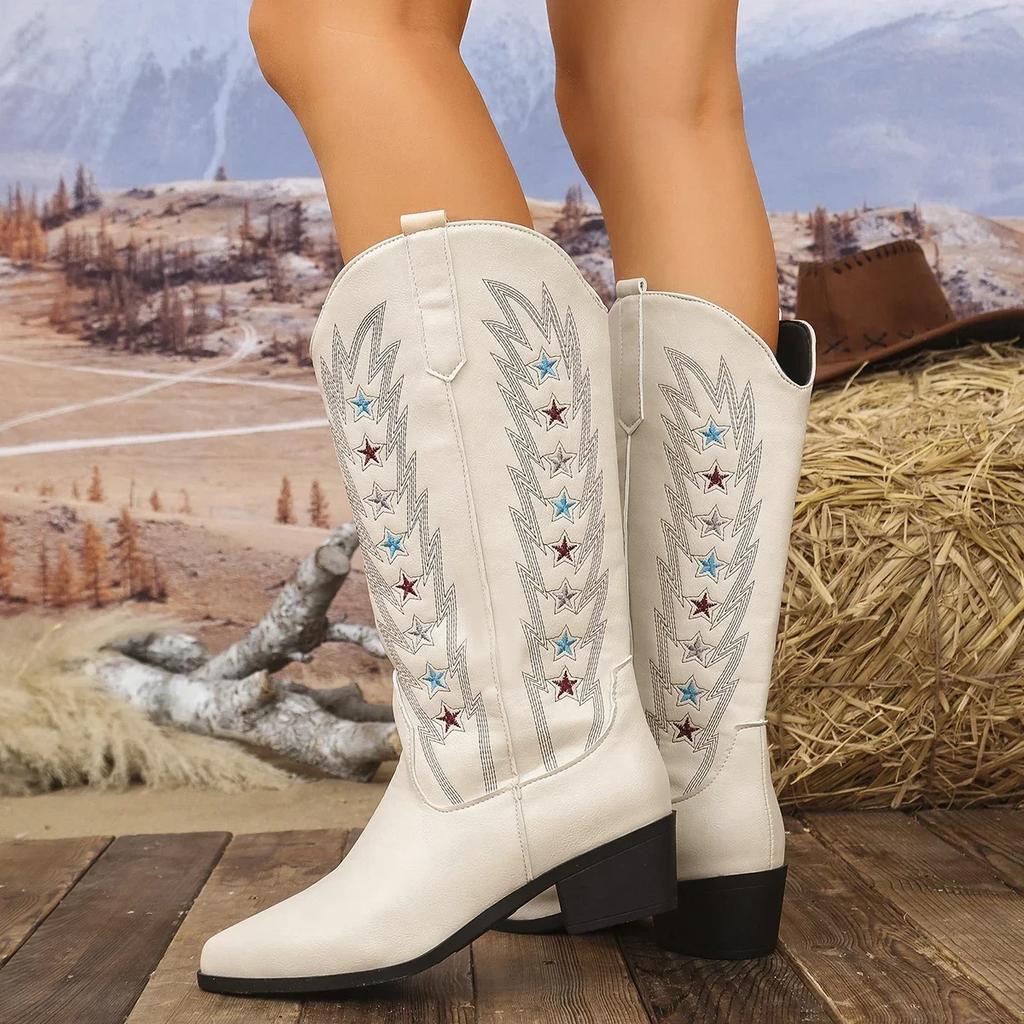Embroidery Stars Cowboy Boots for Women Autumn Winter 2024 Slip On Chunky Heels Knee High Boots Woman Pointed Toe Western Boots