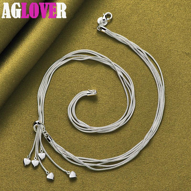 925 Sterling Silver Five Snake Chain Heart Necklace Jewelry