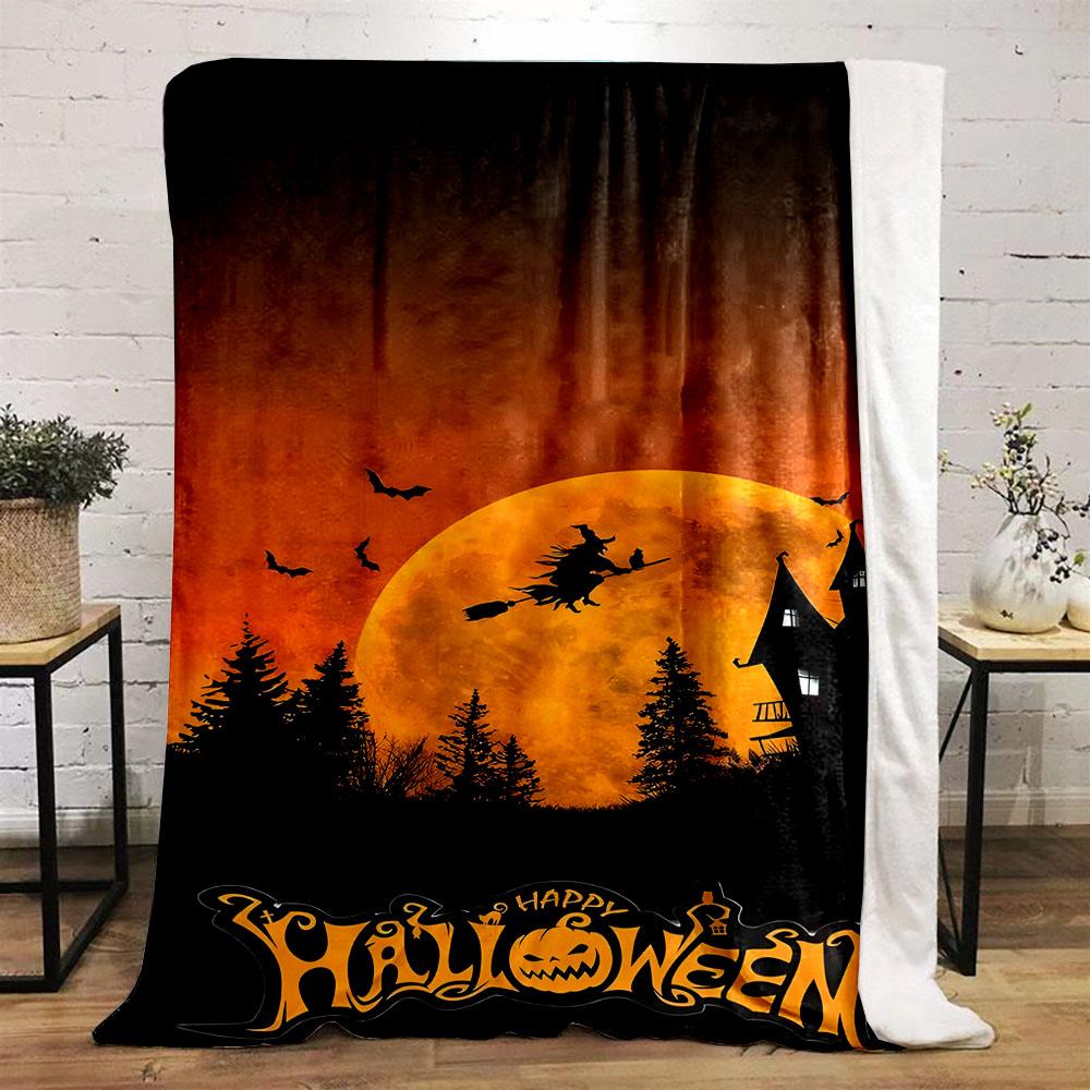 "Halloween Witch and Haunted Moon Scene" Patterned Flannel Blanket Perfect for the Bedroom Living Room, Sofa, or a Little Nap