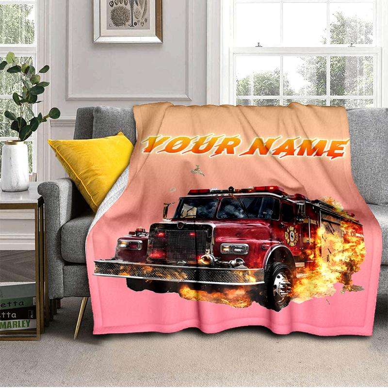1PC Custom Name Fire Truck Flames Art flannel blanket versatile,all-season throw suitable for the living room,bedroom,camping,travel,and gift