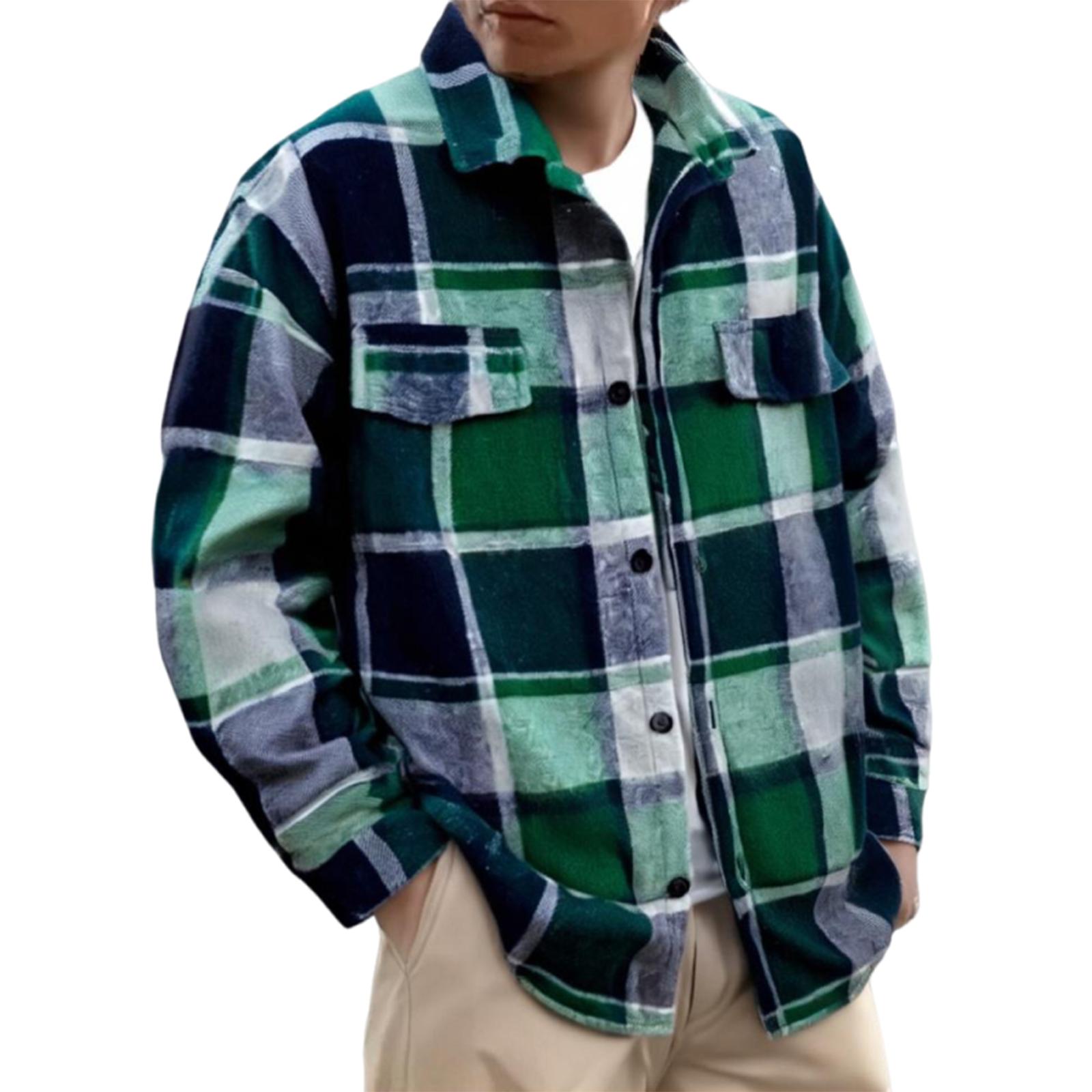 

Мужские фланелевые рубашки на пуговицах, клетчатая рубашка с длинным рукавом и воротником, куртка, повседневная модная шакетка с L